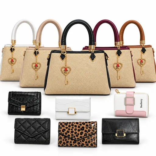 Women’s Faux Leather & Fabric Hand and Shoulder Bag Set with Key-and-Rose Charm on a Chain and Your Choice of Wallet