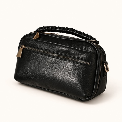 [012470-BLA] Women's Pebbled Faux Leather Camera Crossbody Bag with Two Zip Compartments (Black)