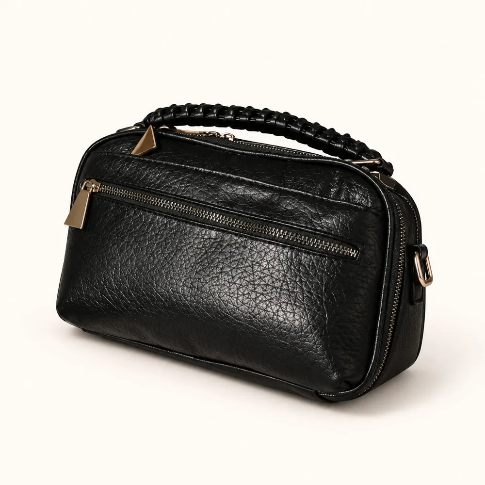 [012470-BLA] Women's Pebbled Faux Leather Camera Crossbody Bag with Two Zip Compartments (Black)