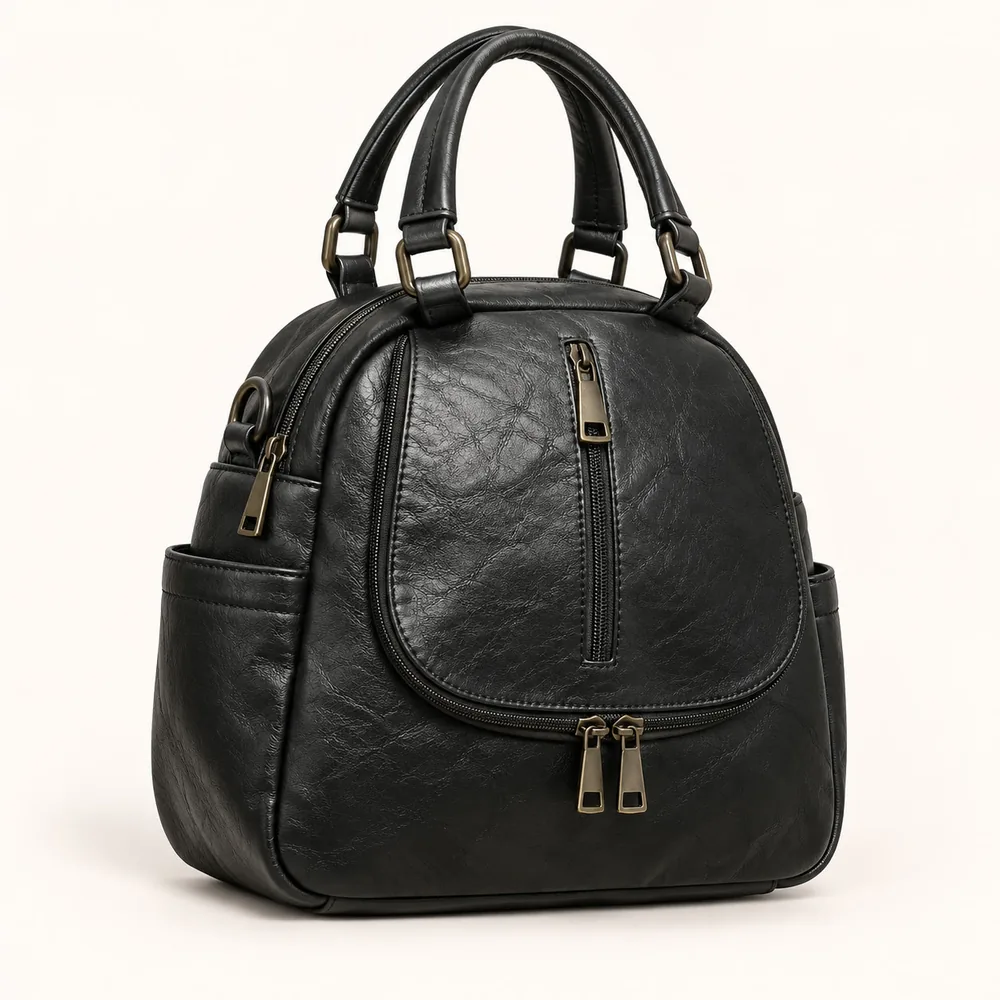 [013656-BLA] Women's Mini Faux Leather Convertible Backpack and Shoulder Bag with Multiple Pockets (Black)