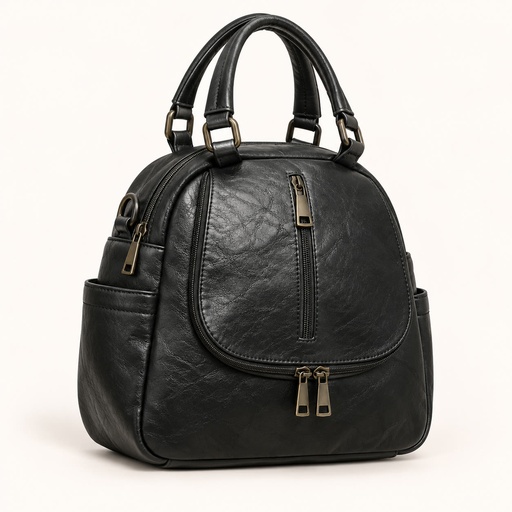 [013656-BLA] Women's Mini Faux Leather Convertible Backpack and Shoulder Bag with Multiple Pockets (Black)