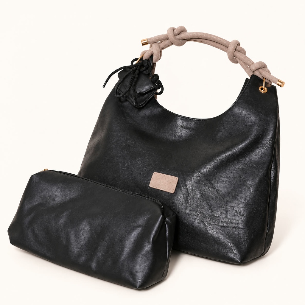 [013729-BLA] Women's Soft Faux Leather Hobo Shoulder Bag Set with Zip Pouch and Mini Bag (Black)