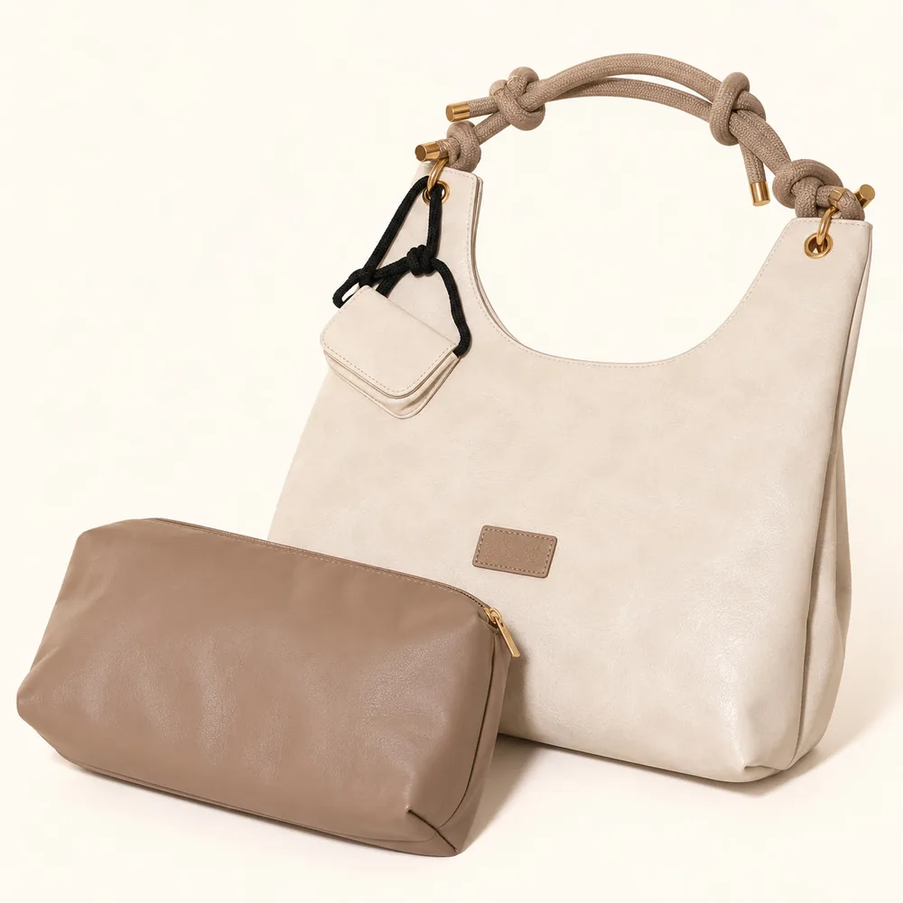 Women's Soft Faux Leather Hobo Shoulder Bag Set with Zip Pouch and Mini Bag