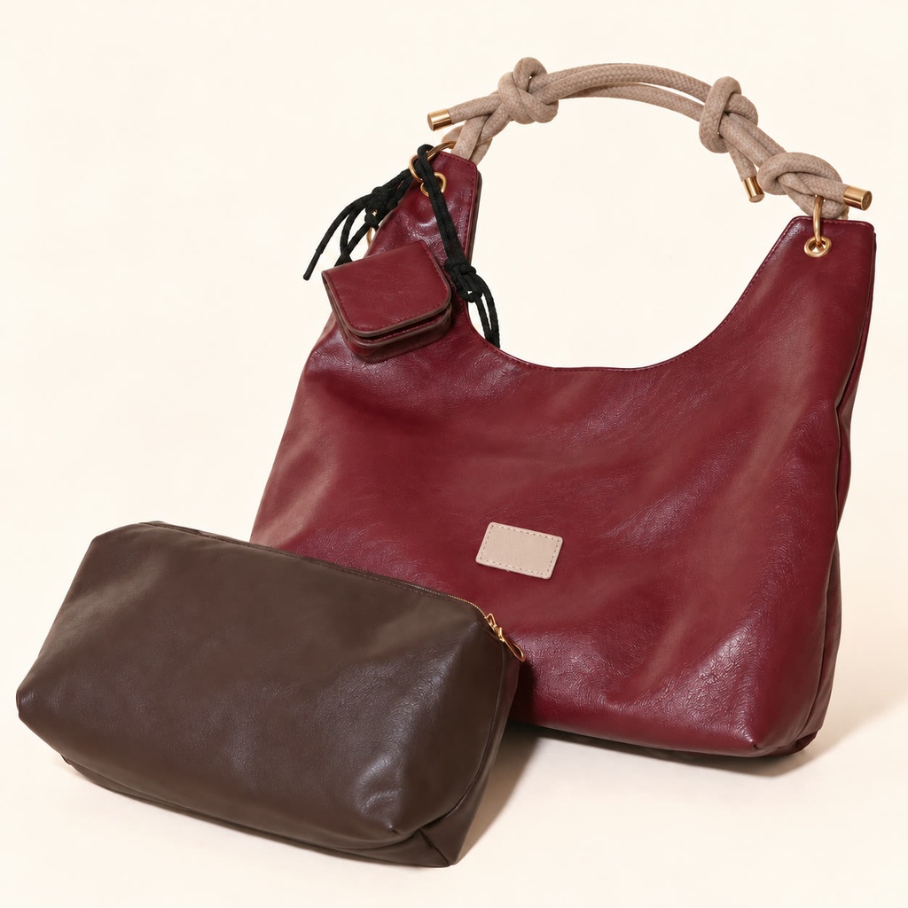 Women's Soft Faux Leather Hobo Shoulder Bag Set with Zip Pouch and Mini Bag