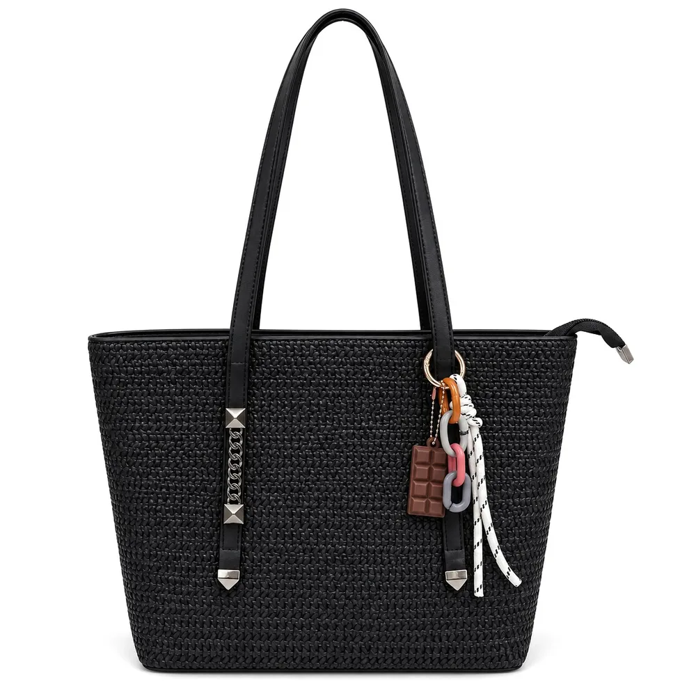 Women's Large Woven-Pattern Faux Leather Zip Tote Bag with Charm