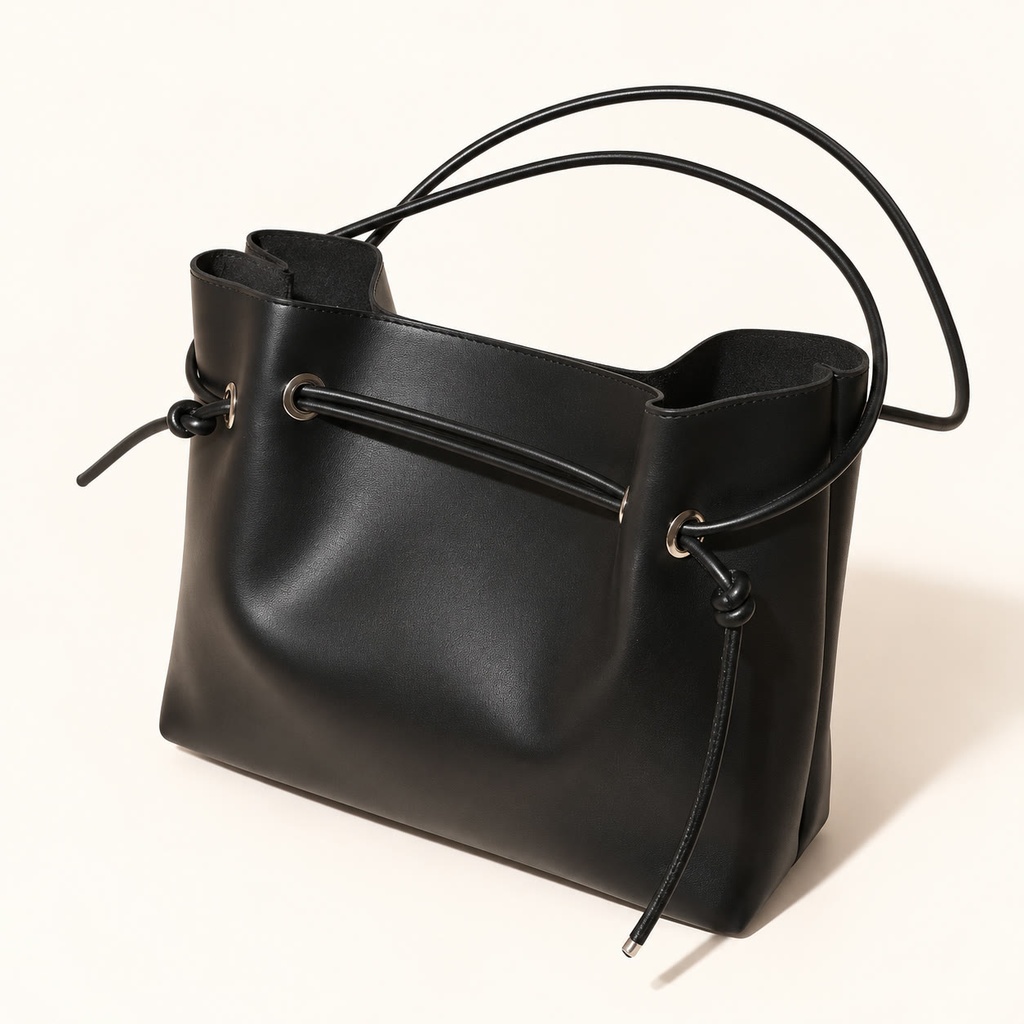 [013734-BLA] Women's Large Faux Leather Drawstring Bucket Shopper Bag with Zip Pouch (Black)