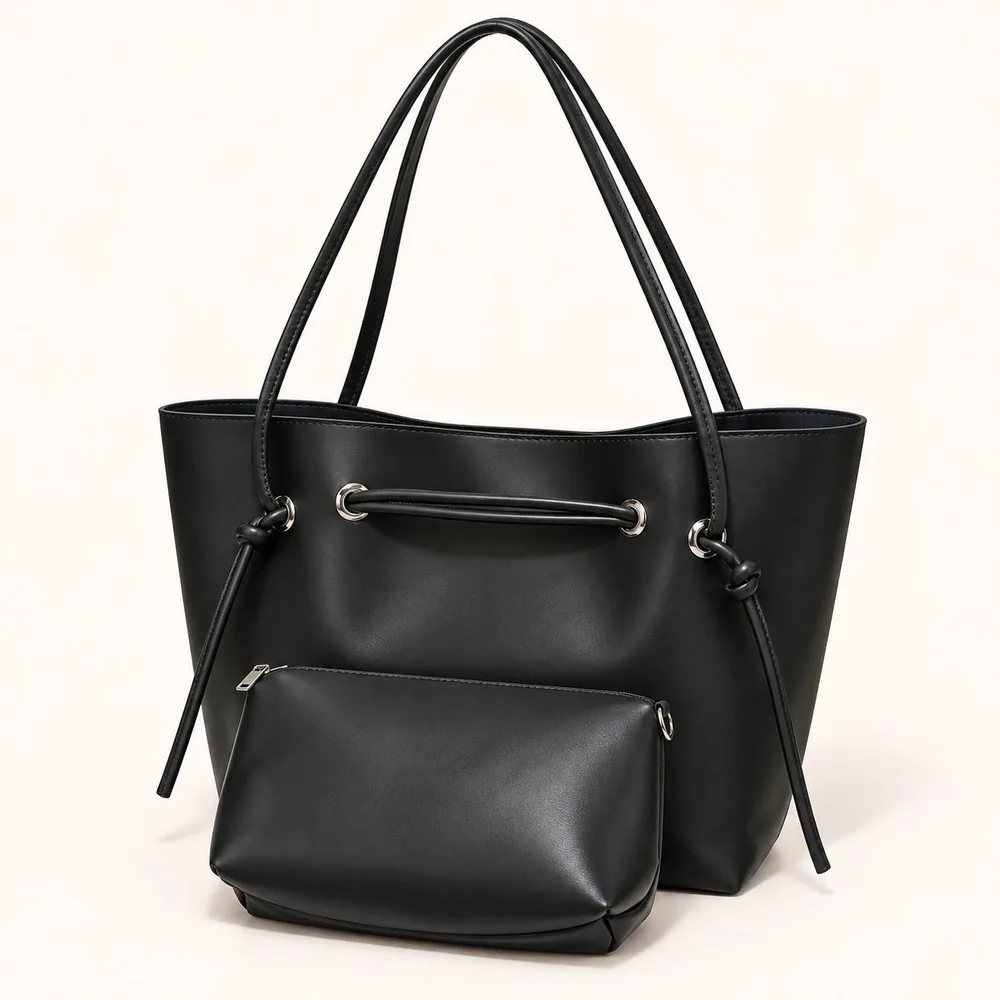 Women's Large Faux Leather Drawstring Bucket Shopper Bag with Zip Pouch