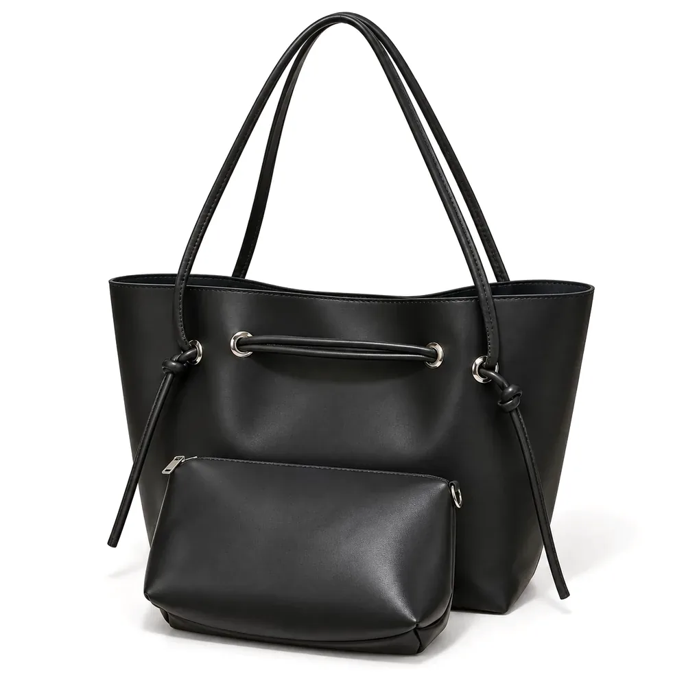 [013734-BLA] Large Drawstring Shoulder Tote with Knotted Cords and Zip Pouch (Black)