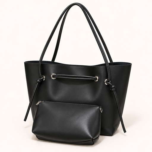 [013734-BLA] Women's Large Faux Leather Drawstring Bucket Shopper Bag with Zip Pouch (Black)