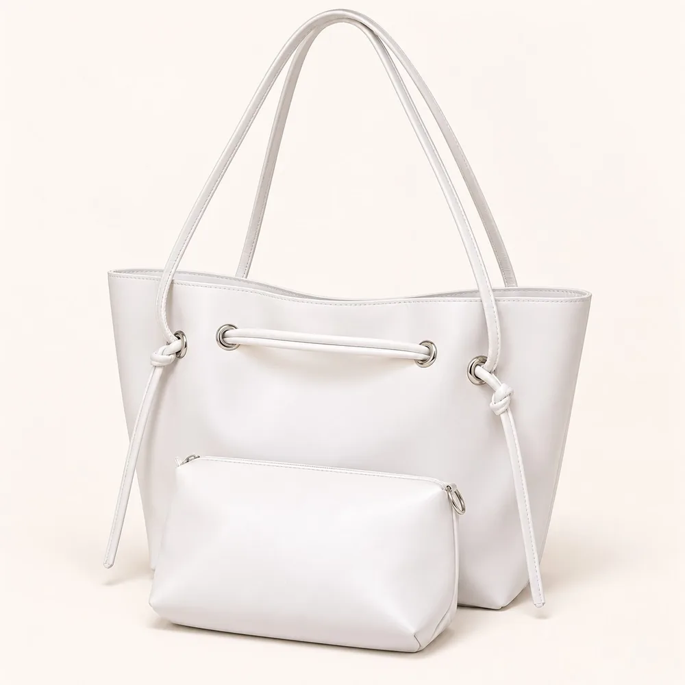 Women's Large Faux Leather Drawstring Bucket Shopper Bag with Zip Pouch
