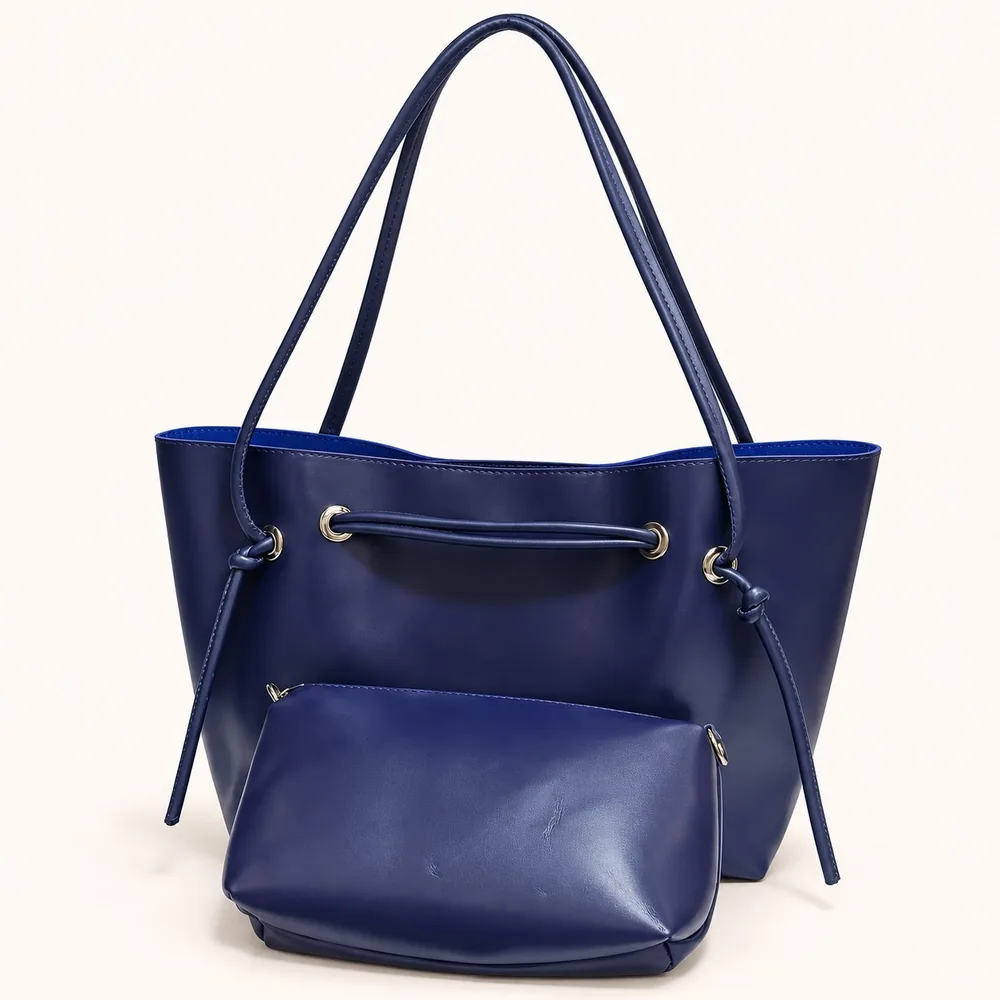 Women's Large Faux Leather Drawstring Bucket Shopper Bag with Zip Pouch