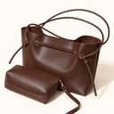 Women's Large Faux Leather Drawstring Bucket Shopper Bag with Zip Pouch