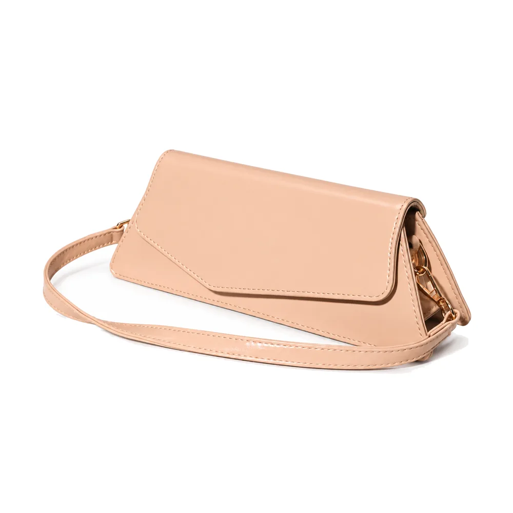 Glossy Baguette Shoulder Bag with Asymmetric Flap and Two Straps