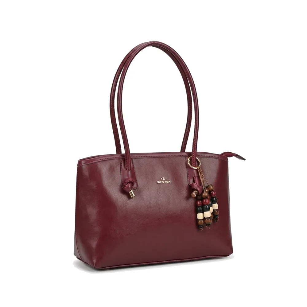 Glossy Shoulder Tote with Knotted Handles and Wooden Bead Charm