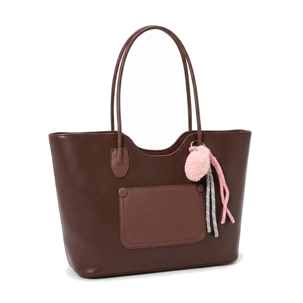 Large Tote Bag with Front Pocket and Plush Charm, Fits 13" Laptop