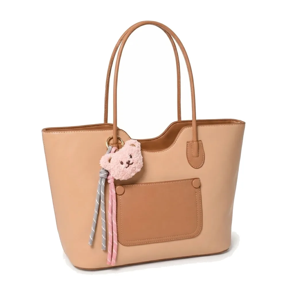 Large Tote Bag with Front Pocket and Plush Charm, Fits 13" Laptop