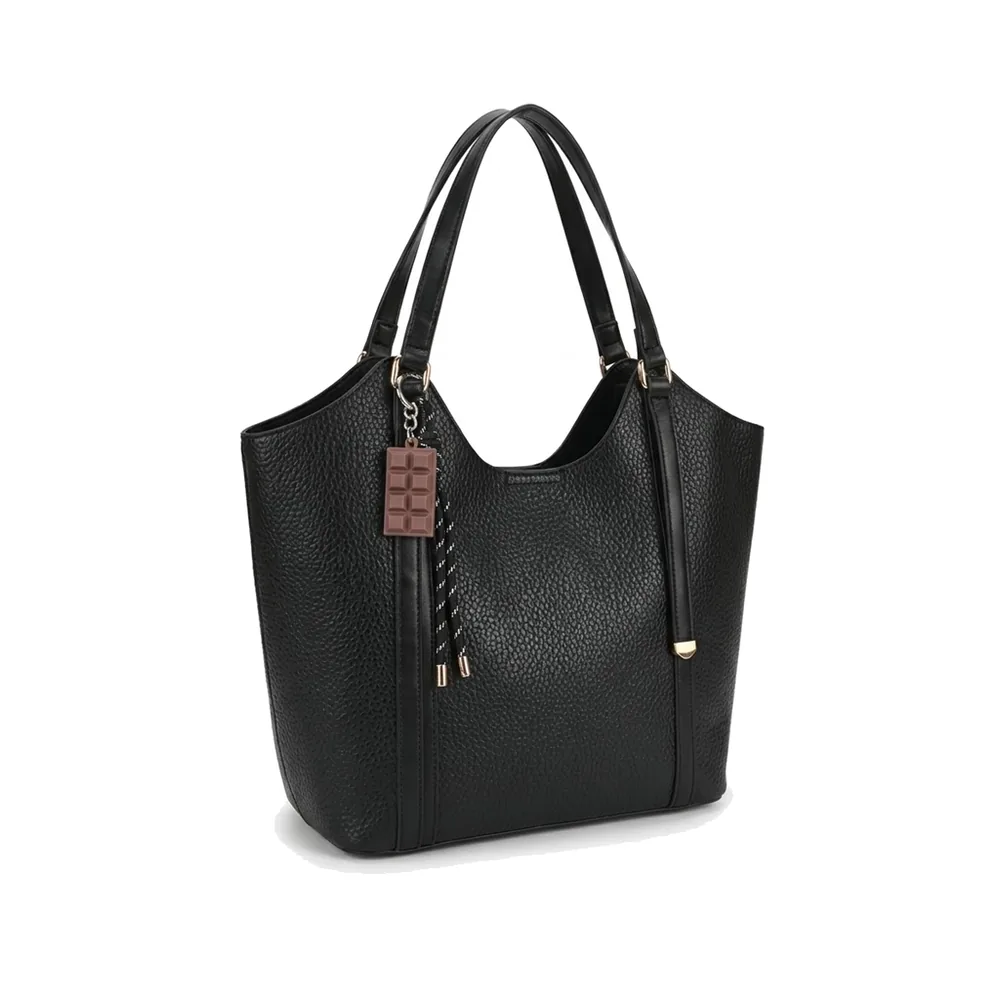 [013756-BLA] Pebbled Bucket Shoulder Tote with Chocolate Charm and Mini Zip Pouch (Black)