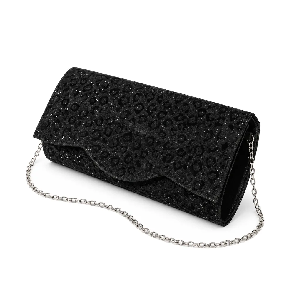 [013874-BLA] Women's Leopard Glitter Scalloped Flap Evening Clutch with Chain Strap (Black)