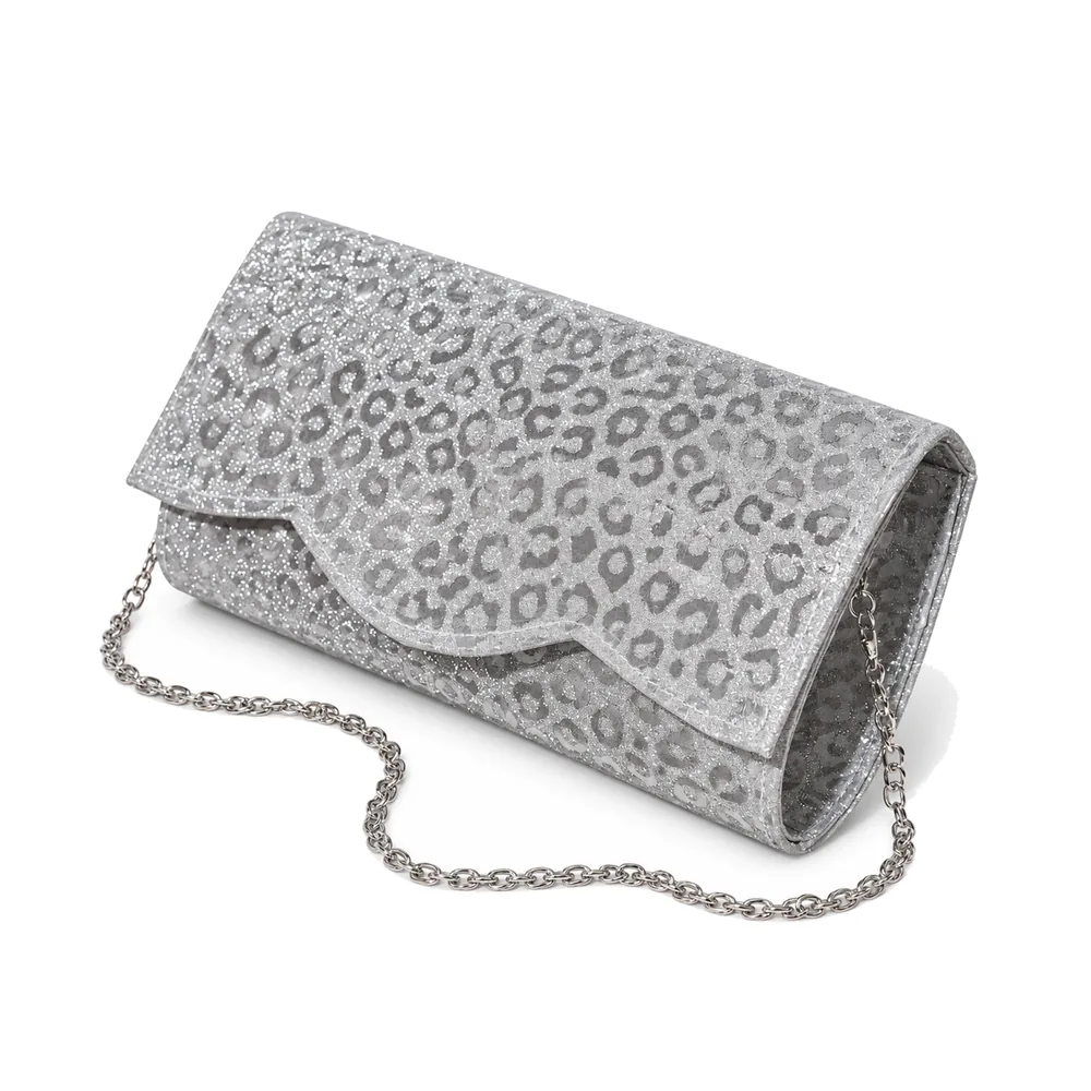 Women's Leopard Glitter Scalloped Flap Evening Clutch with Chain Strap
