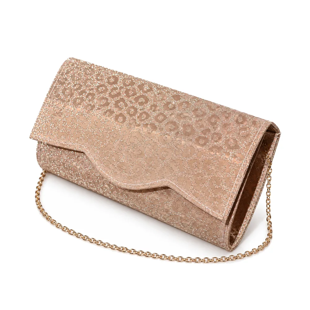 Leopard Glitter Evening Clutch with Scalloped Flap and Chain
