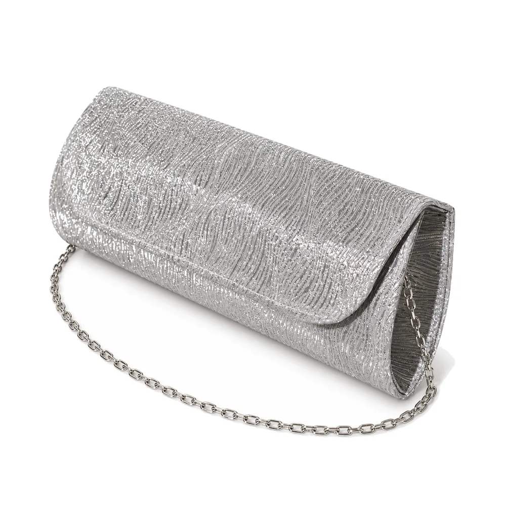 Women's Metallic Crinkle Long Flap Evening Clutch with Chain Strap