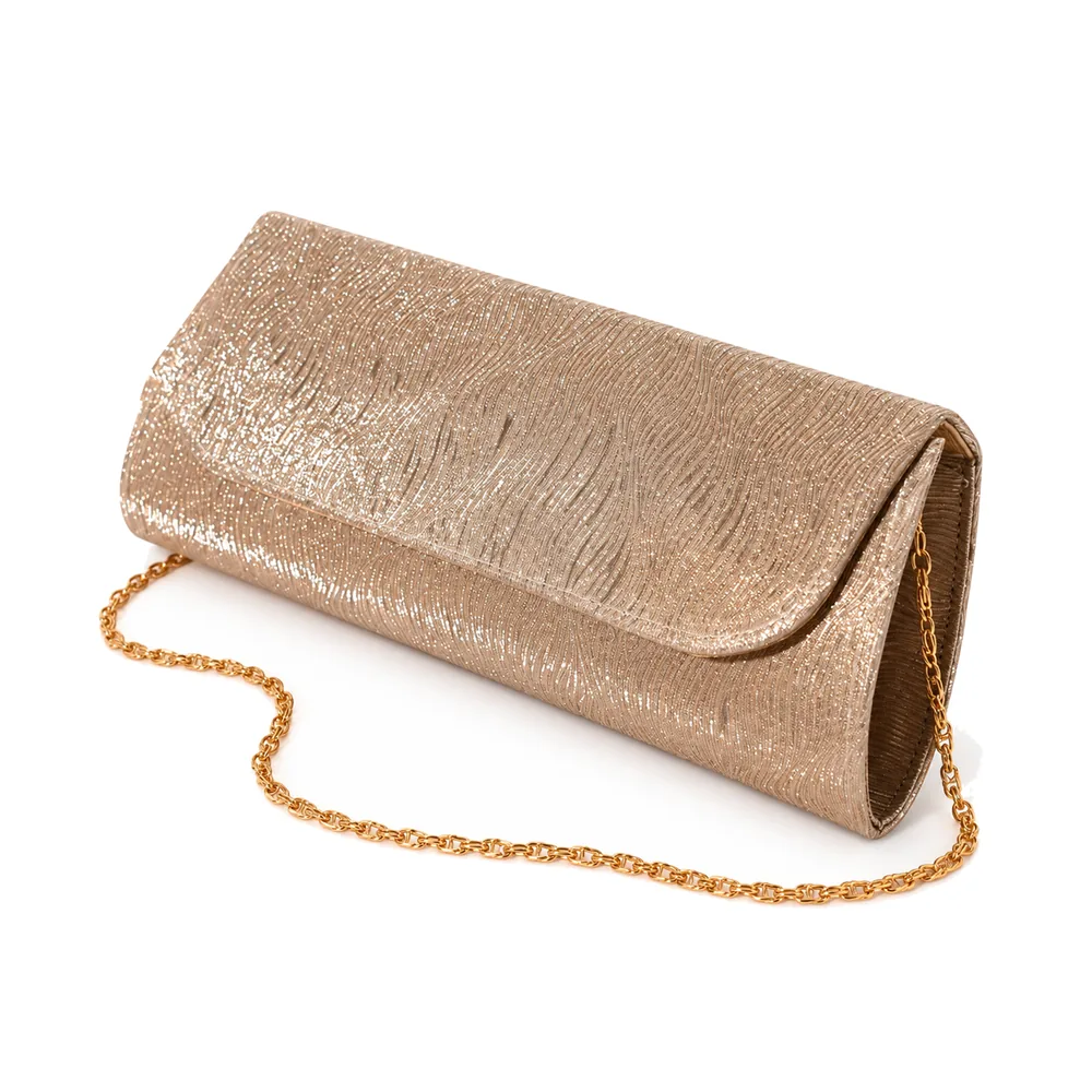 Women's Metallic Crinkle Long Flap Evening Clutch with Chain Strap