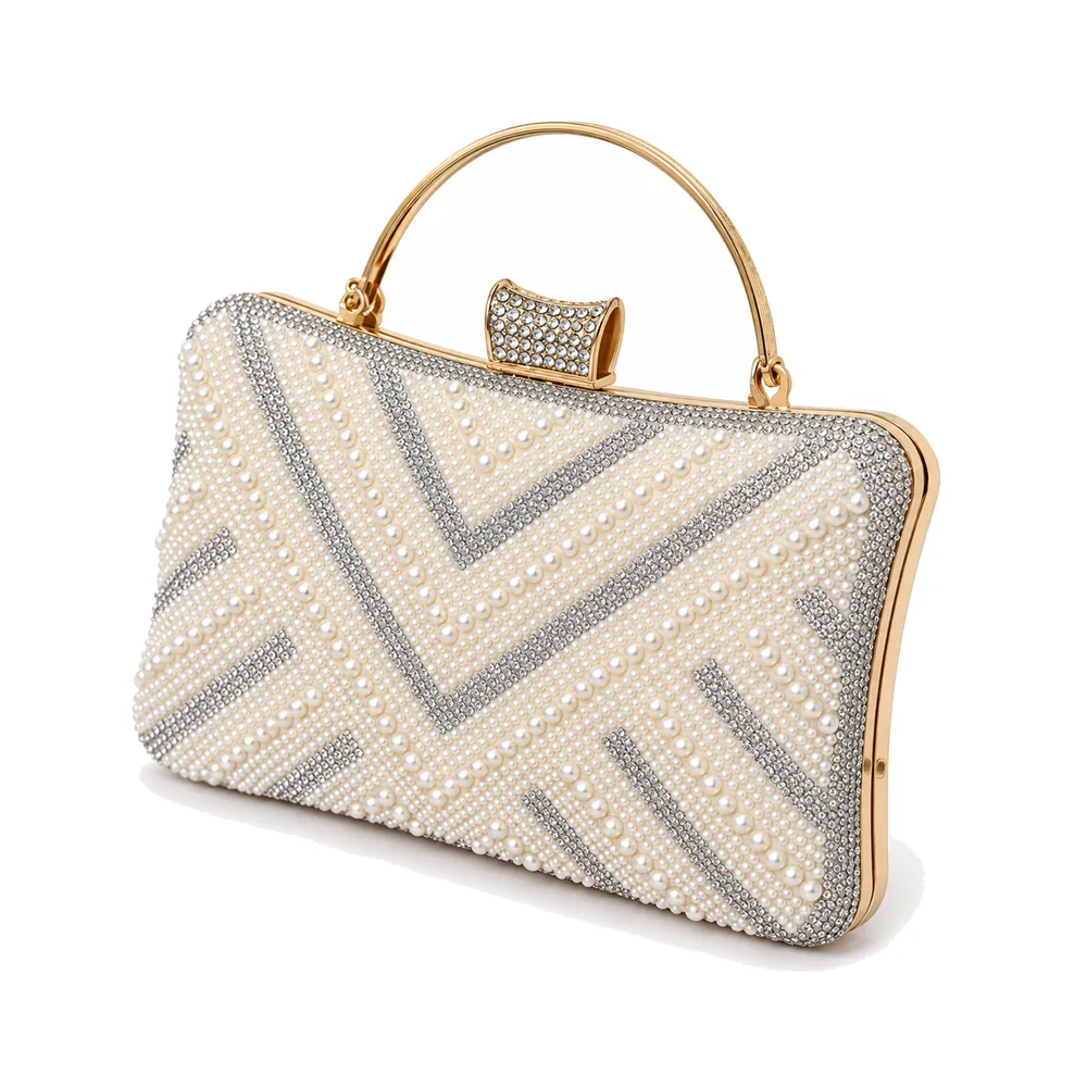 [013861-SI] Women's Pearl and Rhinestone Chevron Box Evening Clutch with Handle and Chain (Silver)