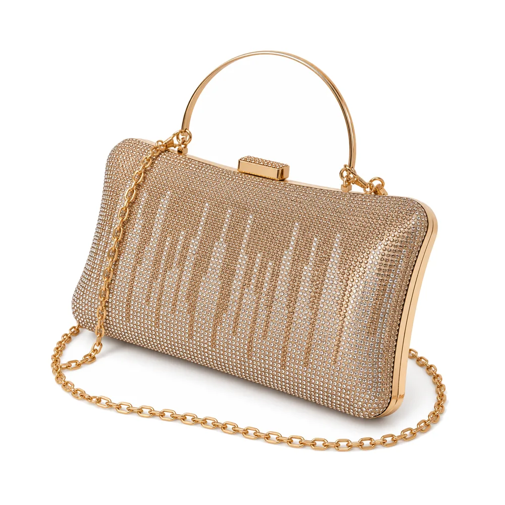 Women's Rhinestone Box Evening Clutch with Metal Handle and Chain