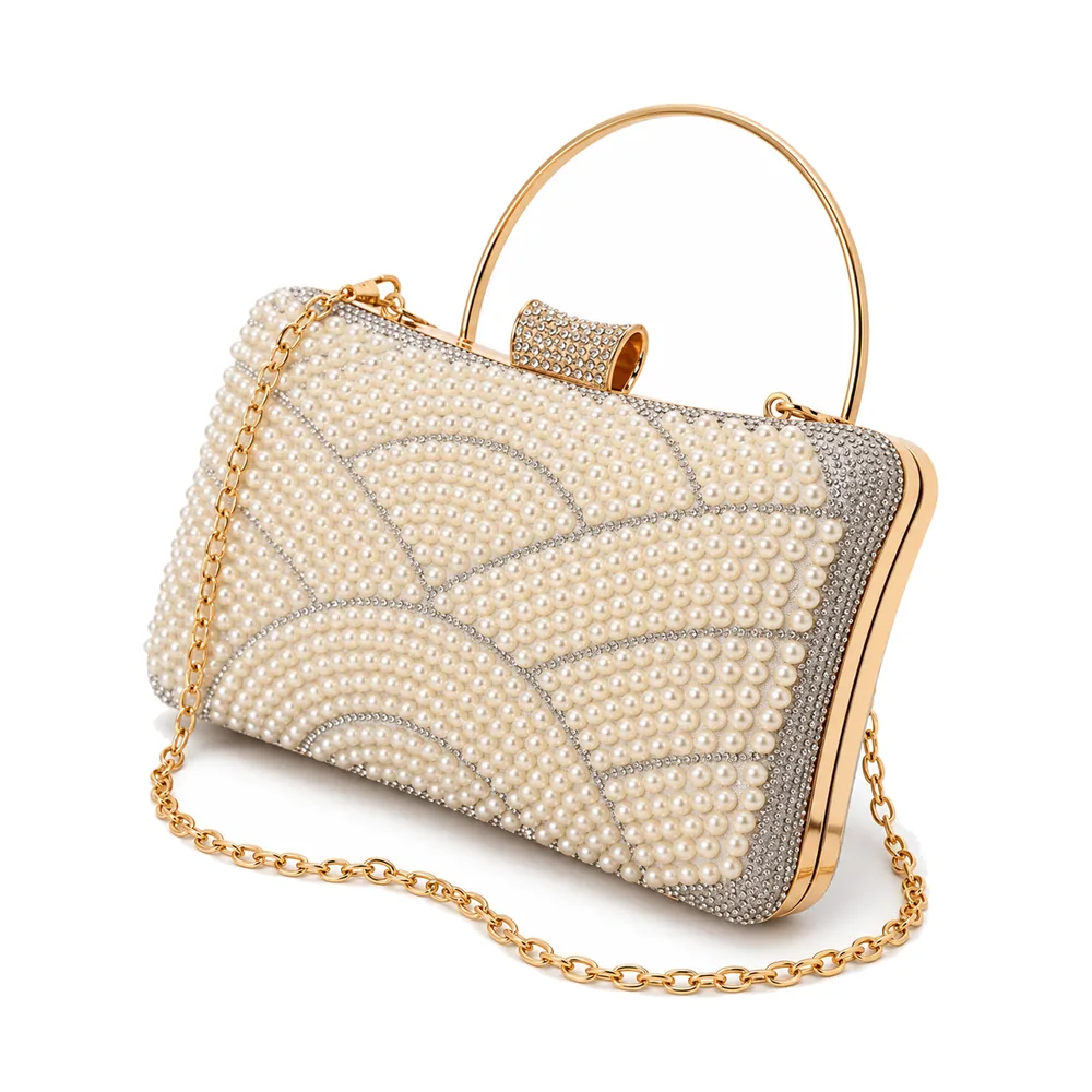 Women's Pearl Arcs Box Evening Clutch with Handle and Chain