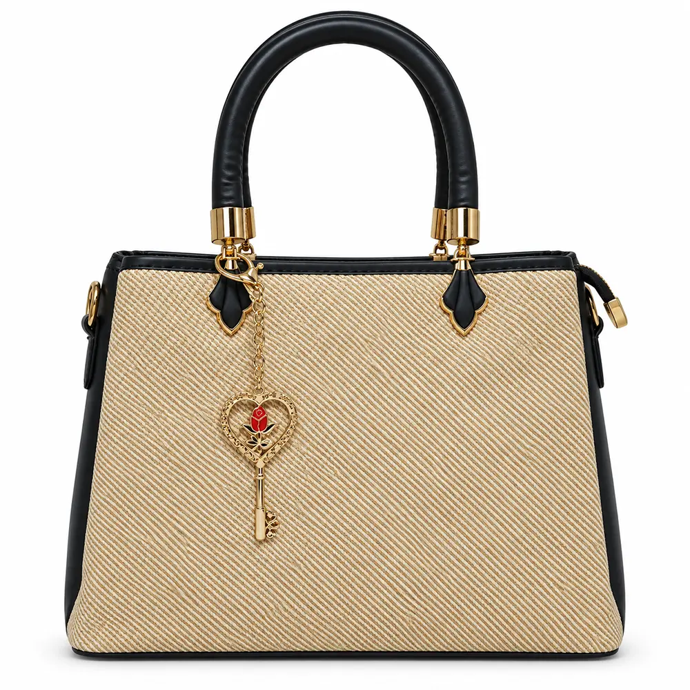 Women's Woven & Faux Leather Hand and Shoulder Bag with Key Charm on a Chain
