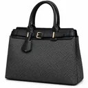 Women's Woven & Faux Leather Hand and Shoulder Bag with Front Belt Detail
