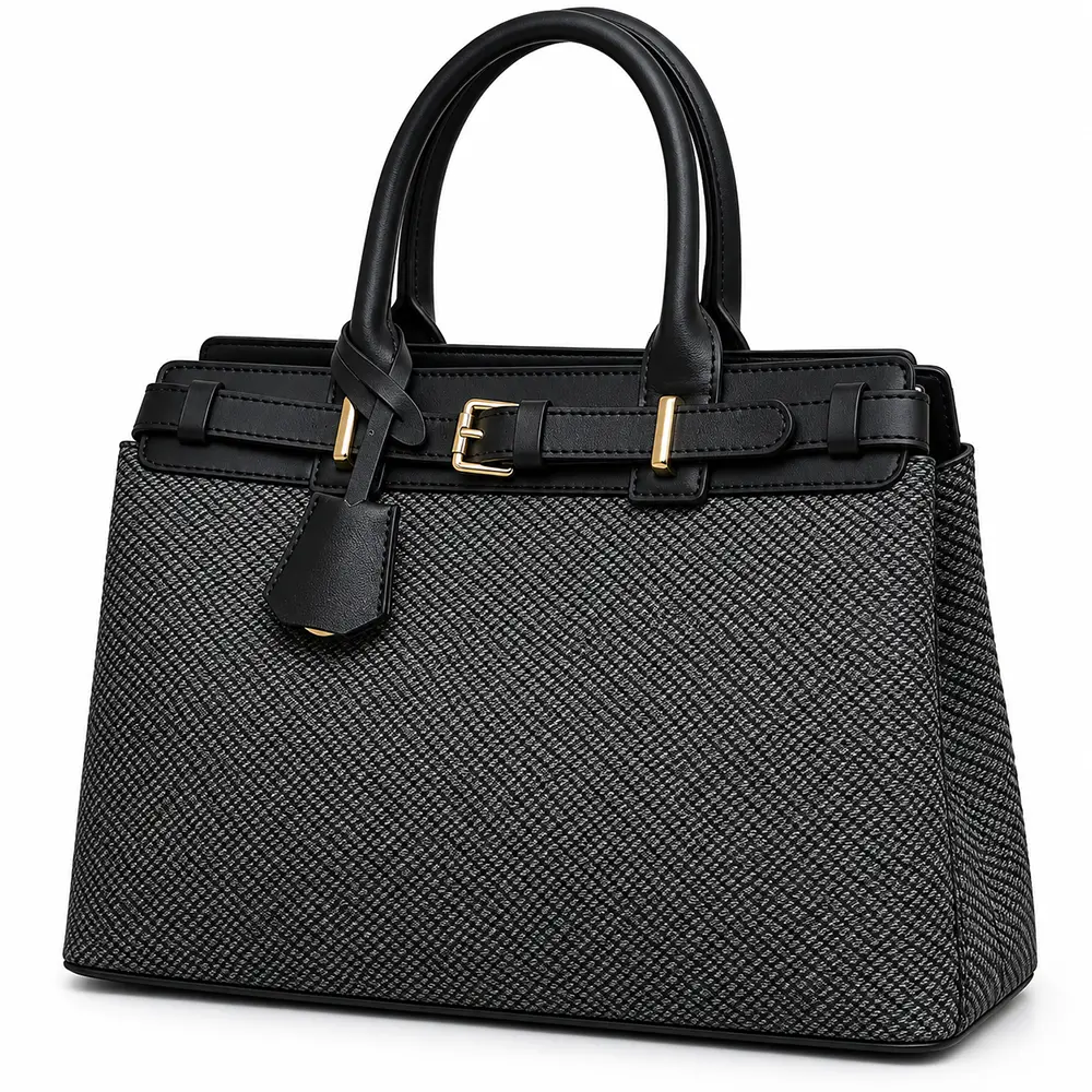Women's Woven & Faux Leather Hand and Shoulder Bag with Front Belt Detail