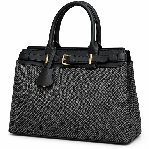 [9737-BLA] Women's Woven & Faux Leather Hand and Shoulder Bag with Front Belt Detail (Black)