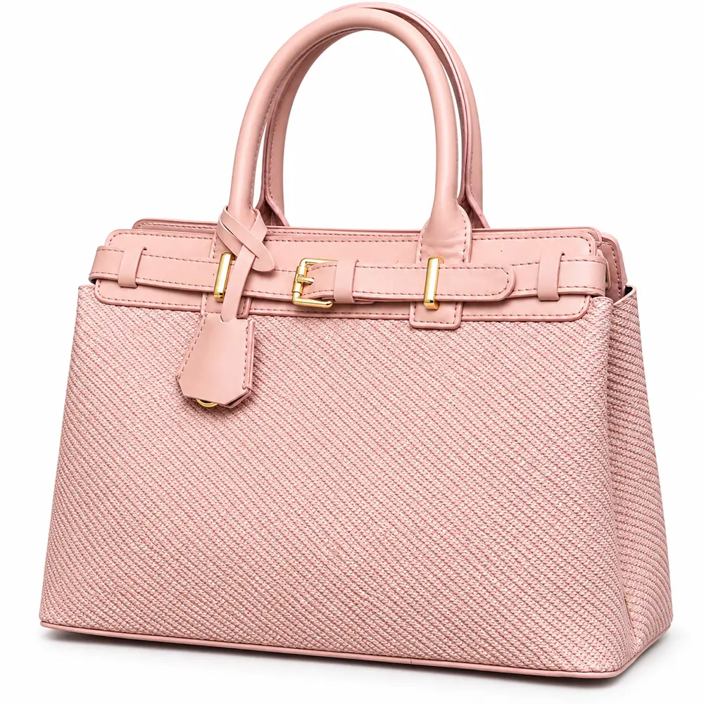Women's Woven & Faux Leather Hand and Shoulder Bag with Front Belt Detail