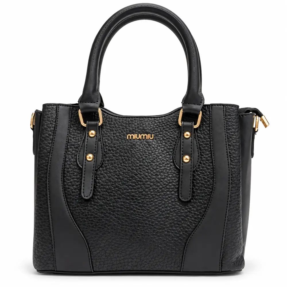 [9655-BLA] Women's Classic Pebbled Faux Leather Top-Handle Handbag with 3 Compartments and Long Strap (Black)