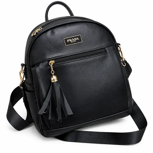 [2619-BLA] Women’s Faux Leather Backpack and Shoulder Bag with Multiple Pockets (Black)