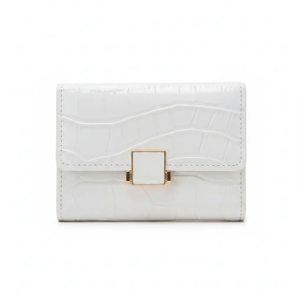 Women’s White Faux Leather Wallet with Croc Embossing and Square Clasp