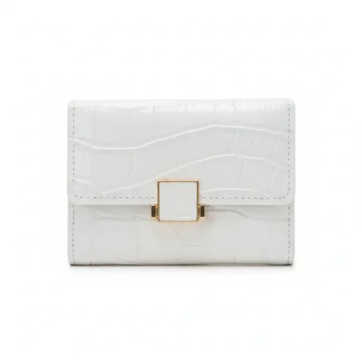 [9300] Women’s White Faux Leather Wallet with Croc Embossing and Square Clasp