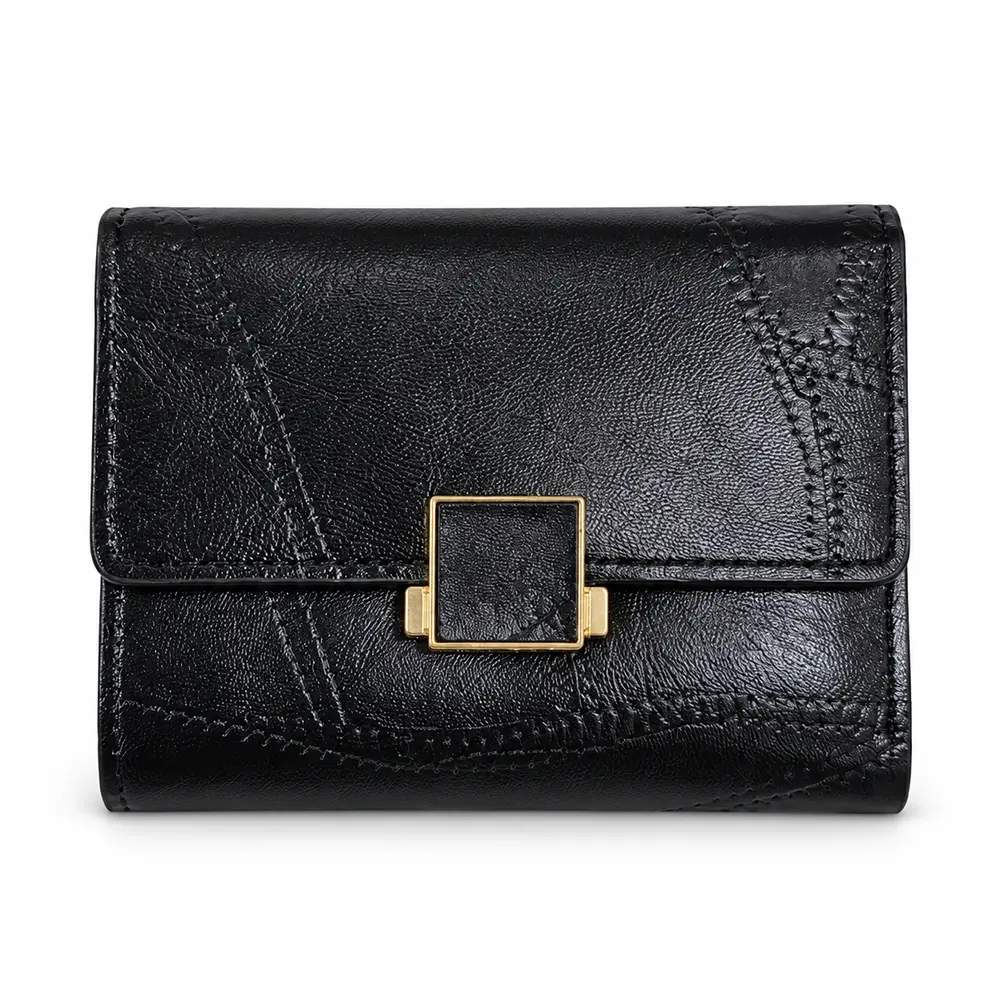 Women’s Faux Leather Wallet with Cross-Stitch Detailing and Gold-Tone Clasp