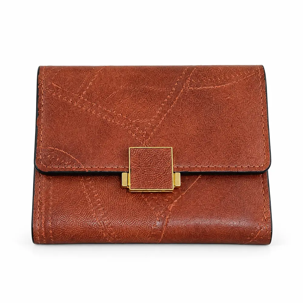 Women’s Faux Leather Wallet with Cross-Stitch Detailing and Gold-Tone Clasp