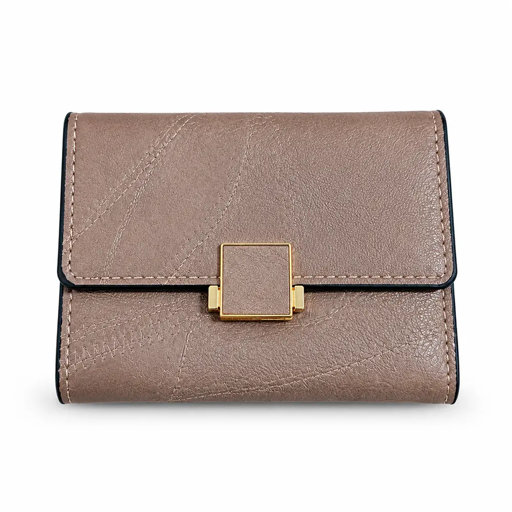 Women’s Faux Leather Wallet with Cross-Stitch Detailing and Gold-Tone Clasp